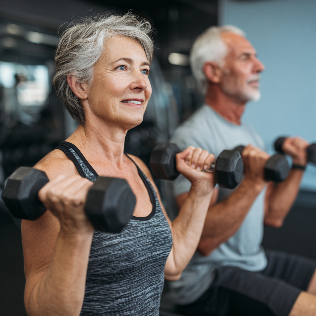Mature adults engaging in strength training exercises with proper form and technique
