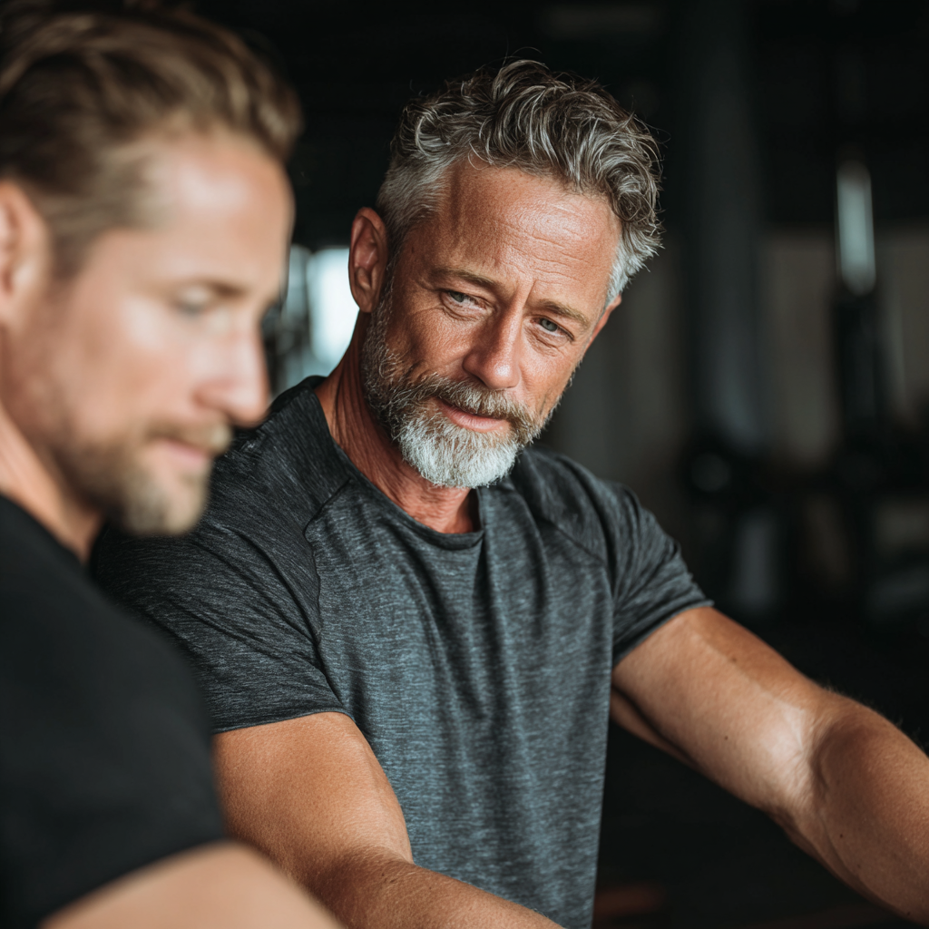 Professional fitness coach working with middle-aged client in personalized training session
